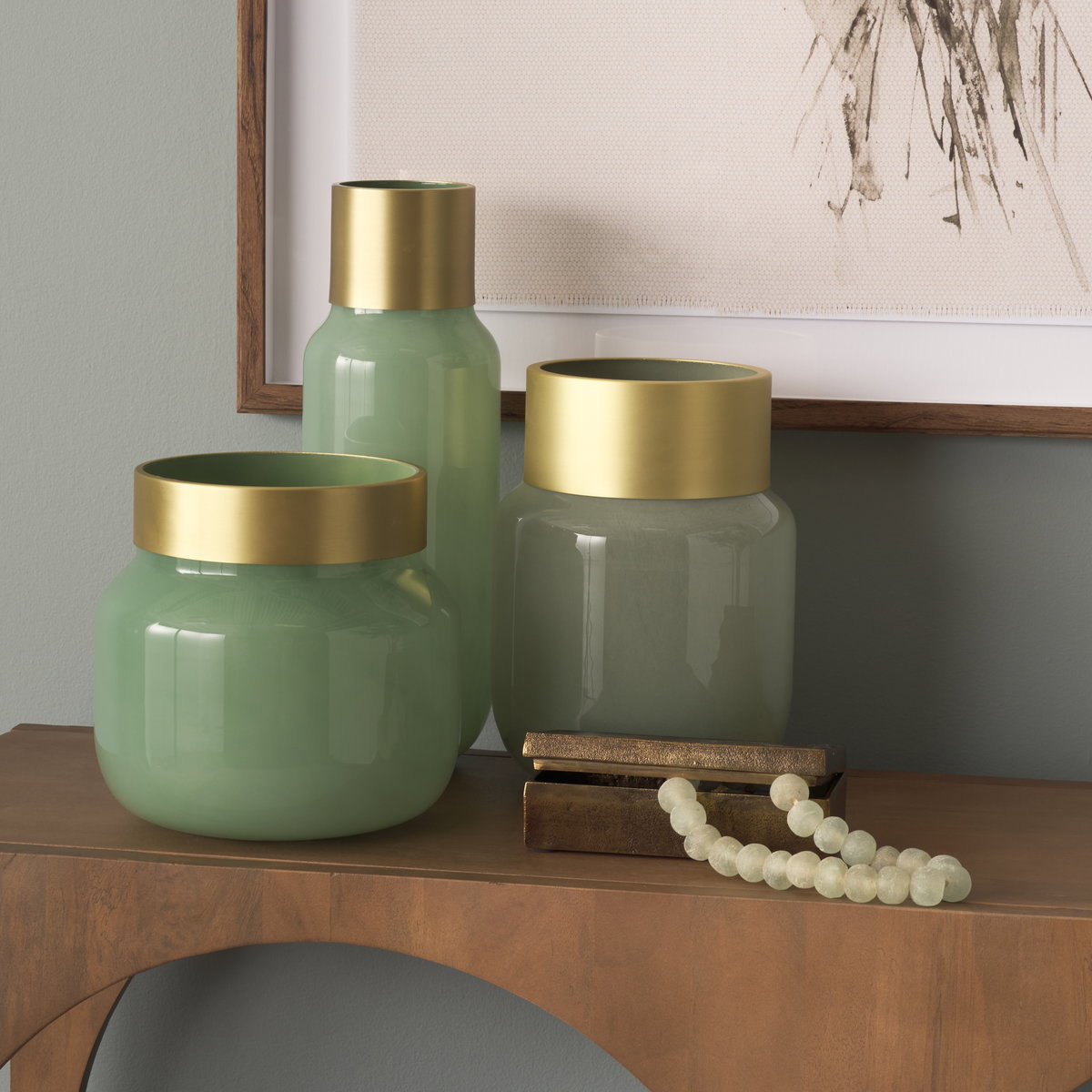 Minty Medium  Green Glass Vase with Matte Gold Metal Neck Cuff, by Mercana, 8.66" length x 8.66" width x 12.44" height View 4