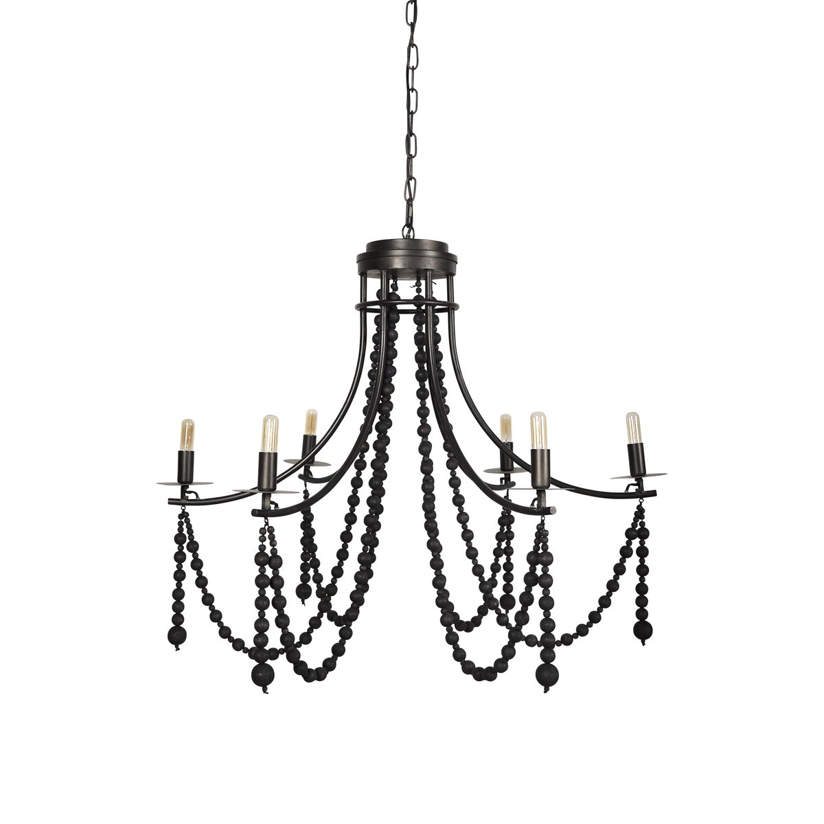 Selma Black Wood Bead and Metal Chandelier, by Mercana, 37.8" length x 33.27" width x 96.85" height View 1