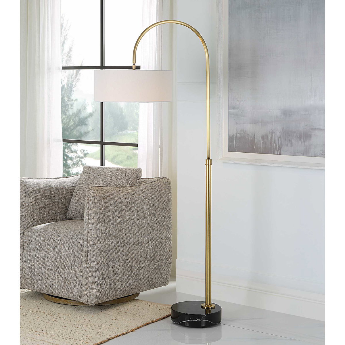 Huxford Brass Arch Floor Lamp, by Uttermost, 27" width x 68.5" height x 17" depth View 2