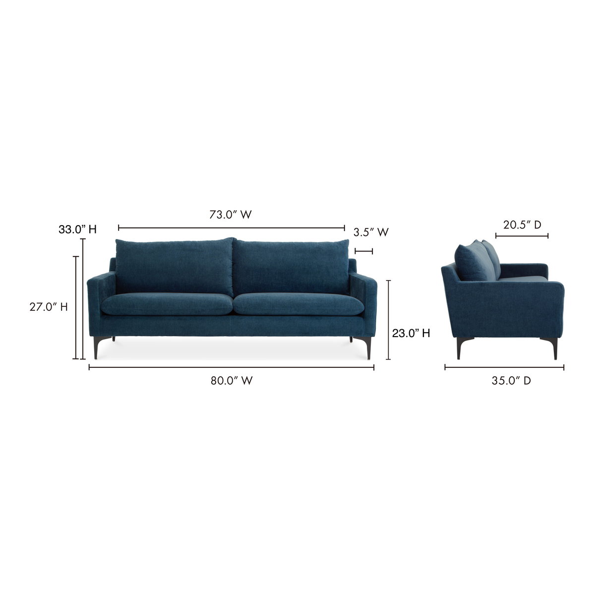 Paris Sofa Blue, Sofas & Sectional by Moe's Home, 80" width x 27" height x 35" depth View 10