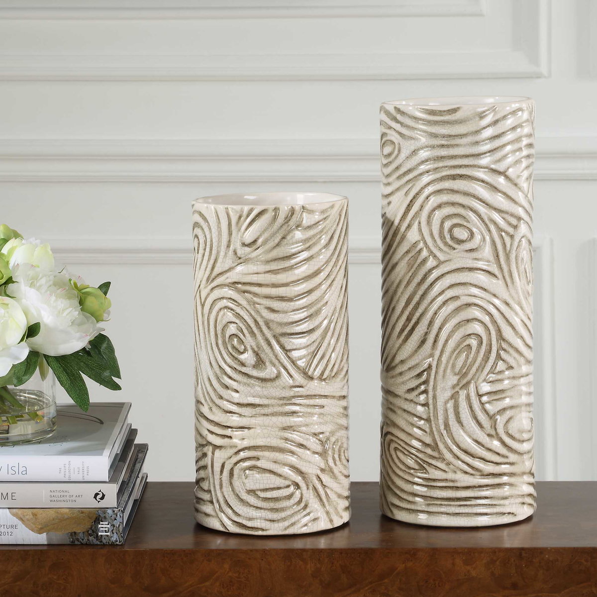 Timber Swirl Earth Tone Vases Set/2, by Uttermost, 6" width x 15.75" height x 6" depth View 2