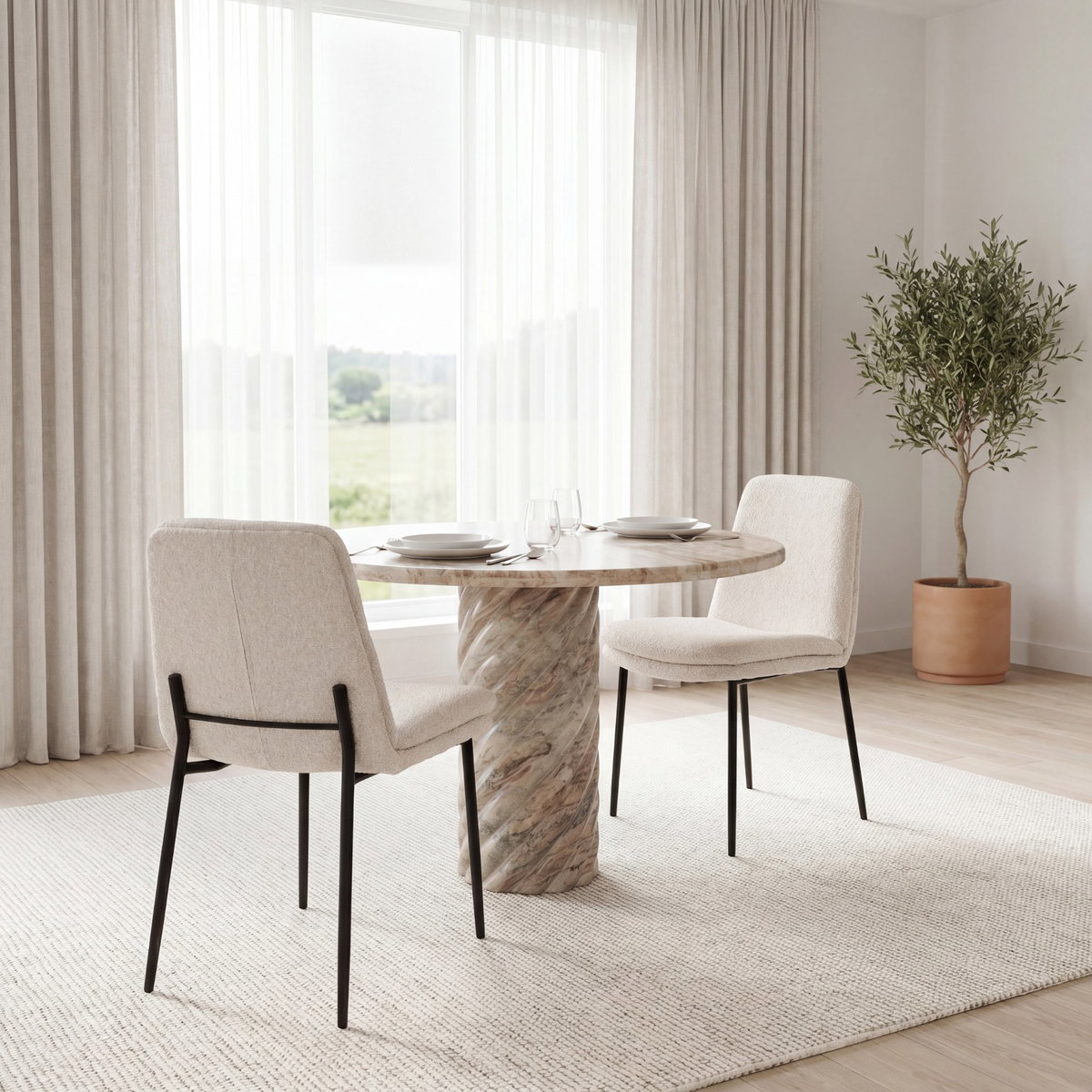 Eve Curved Back Dining Side Chair | Cream Boucle with Black Metal, Dining Chair by Mercana, 24.5" length x 19.5" width x 33.5" height View 3