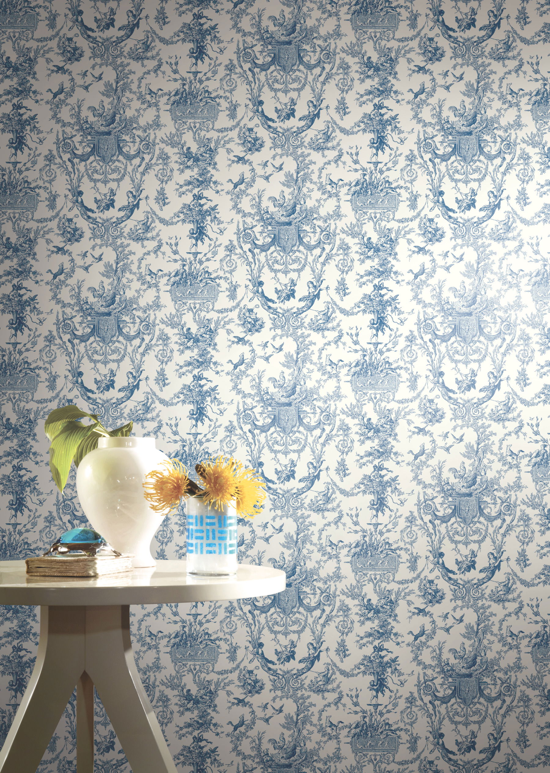 Old World Toile Blue & White Wallpaper large image 