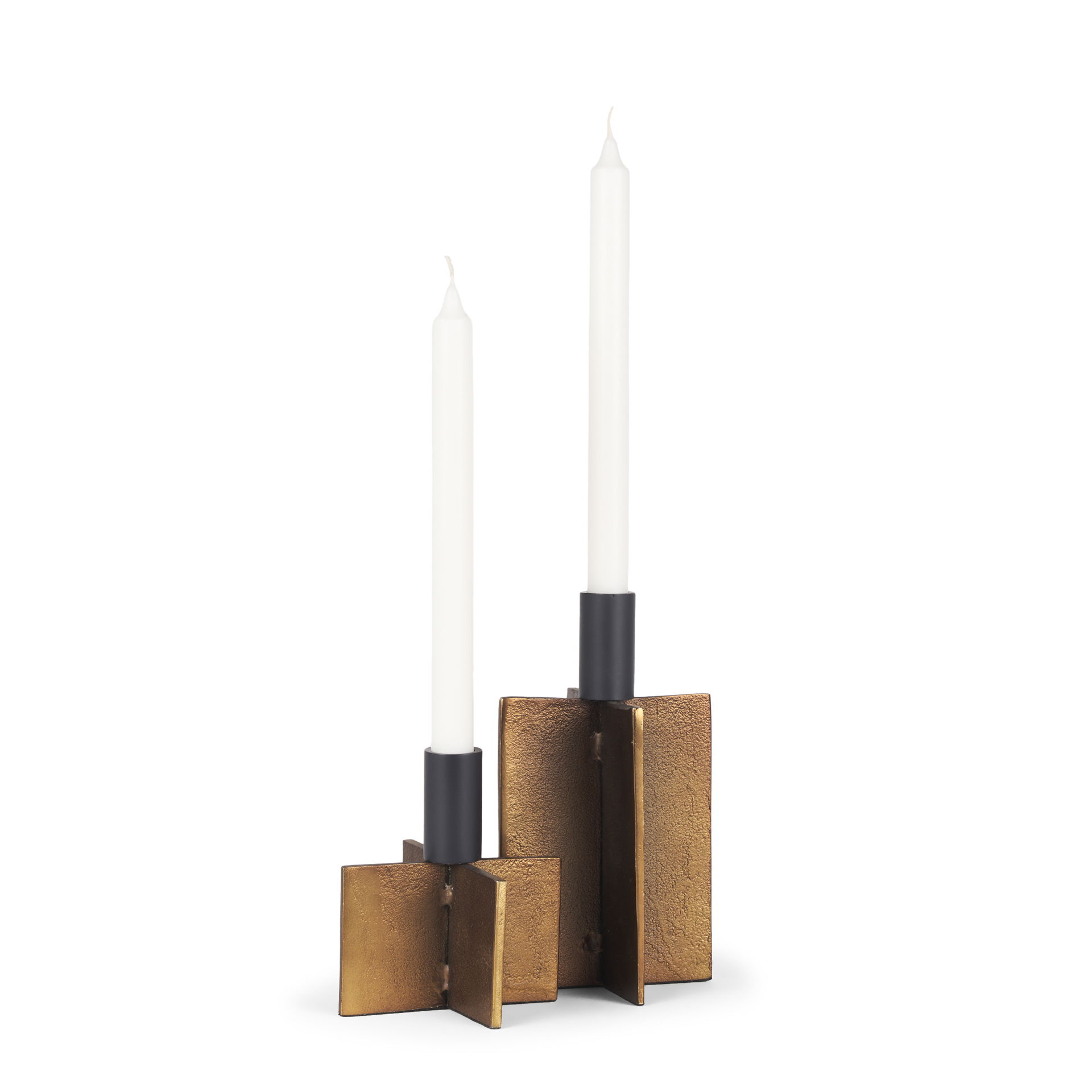 Pia Antiqued Gold with Black Metal Taper Candleholder (Set of 2), Candles & Candle Holder by Mercana, 4.75" length x 4.75" width x 8.25" height View 1