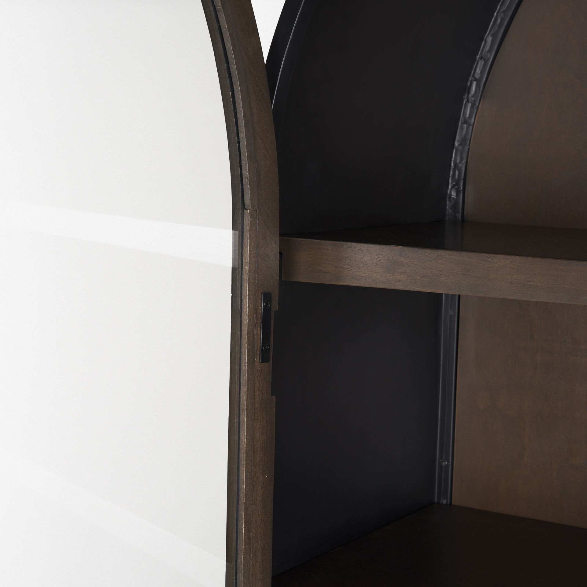 Sloan 42W x 80H Dark Brown Wood with Black Metal Arched Curio Cabinet, Cabinets & Sideboard by Mercana, 42" length x 18.5" width x 80" height View 13