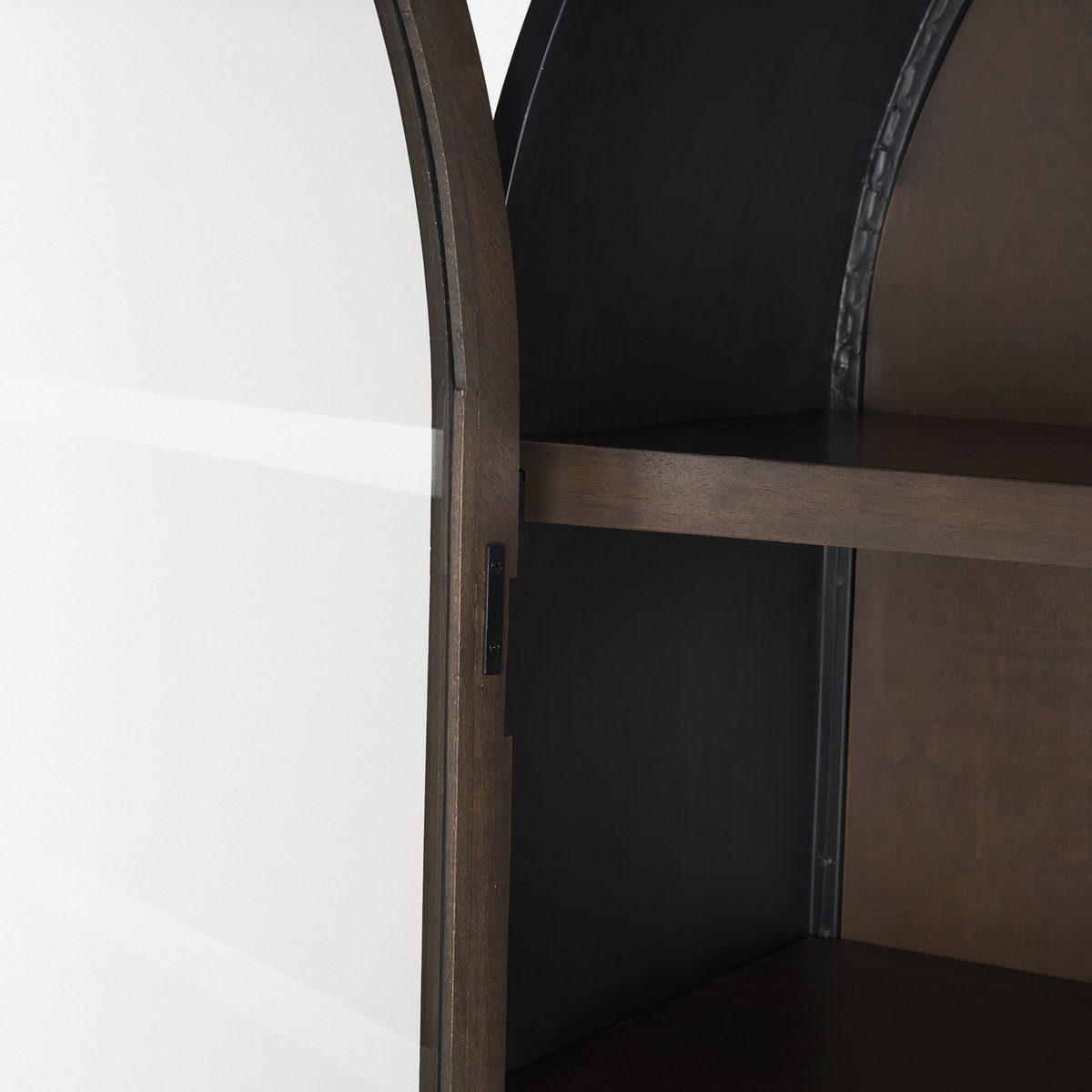 Sloan 42W x 80H Dark Brown Wood with Black Metal Arched Curio Cabinet, Cabinets & Sideboard by Mercana, 42" length x 18.5" width x 80" height View 13