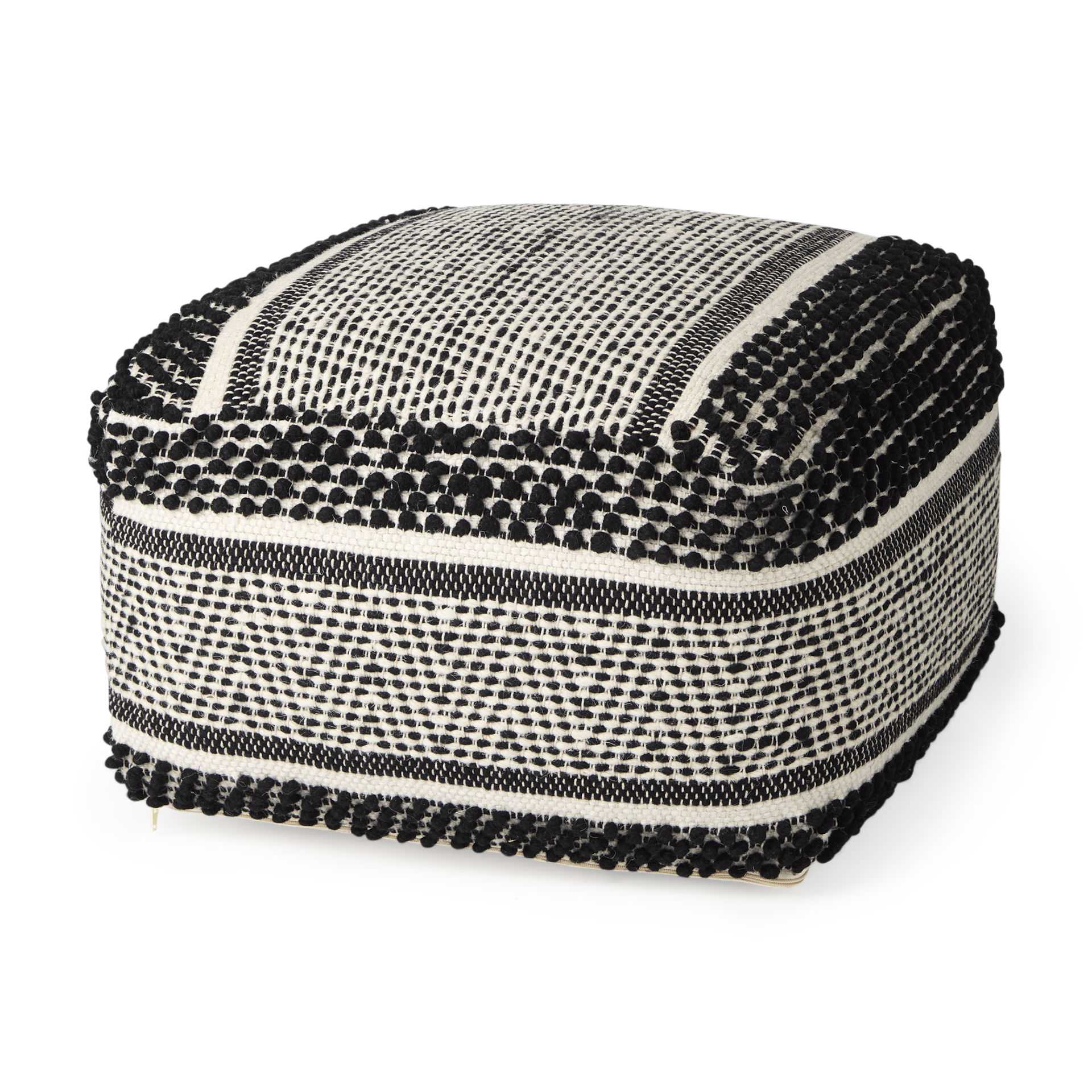 Garima   Black/White Wool and Cotton Patterned Pouf, Ottoman by Mercana, 22" length x 22" width x 14" height View 1