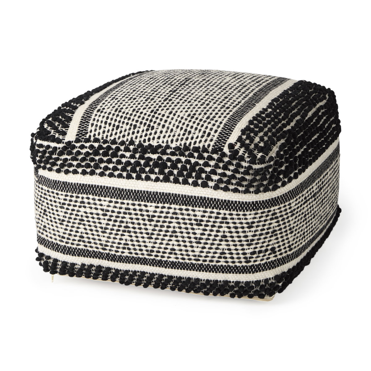 Garima   Black/White Wool and Cotton Patterned Pouf, Ottoman by Mercana, 22" length x 22" width x 14" height View 1