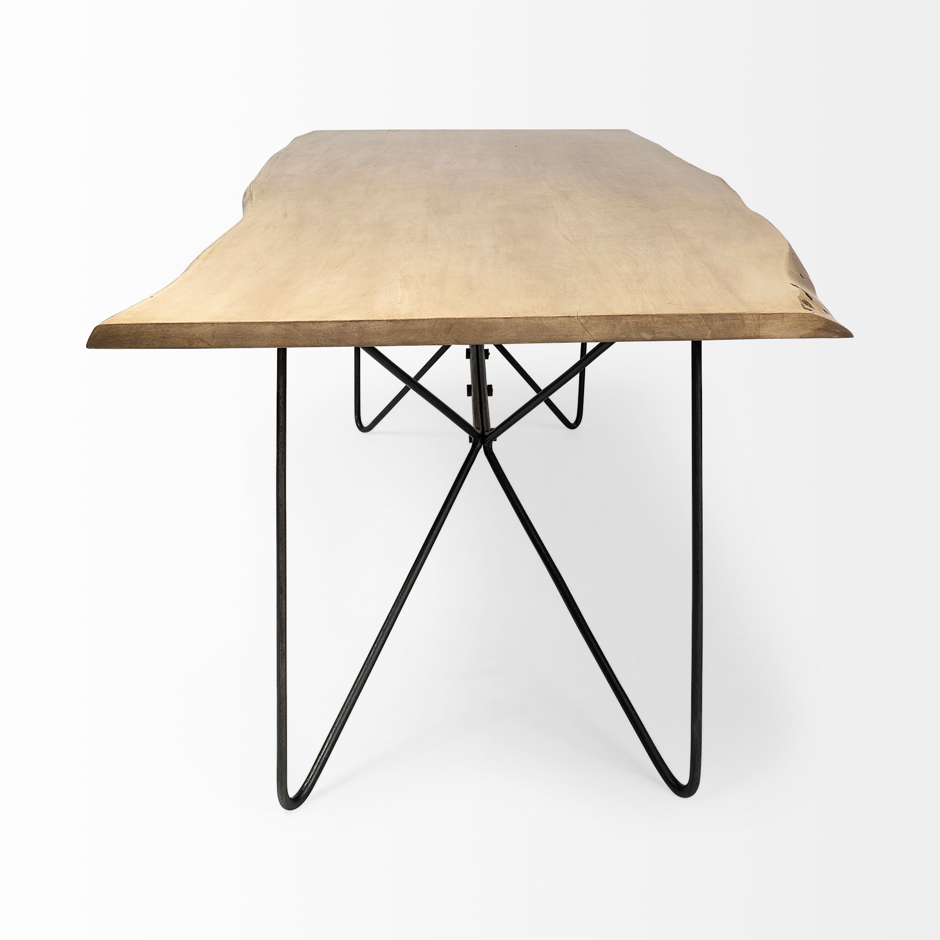 Papillion II 80x40 Rectangular Blonde Live Edge Sold Wood Top Black Metal Base Dining Table, by Mercana, 84" length x 40" width x 30" height View 5