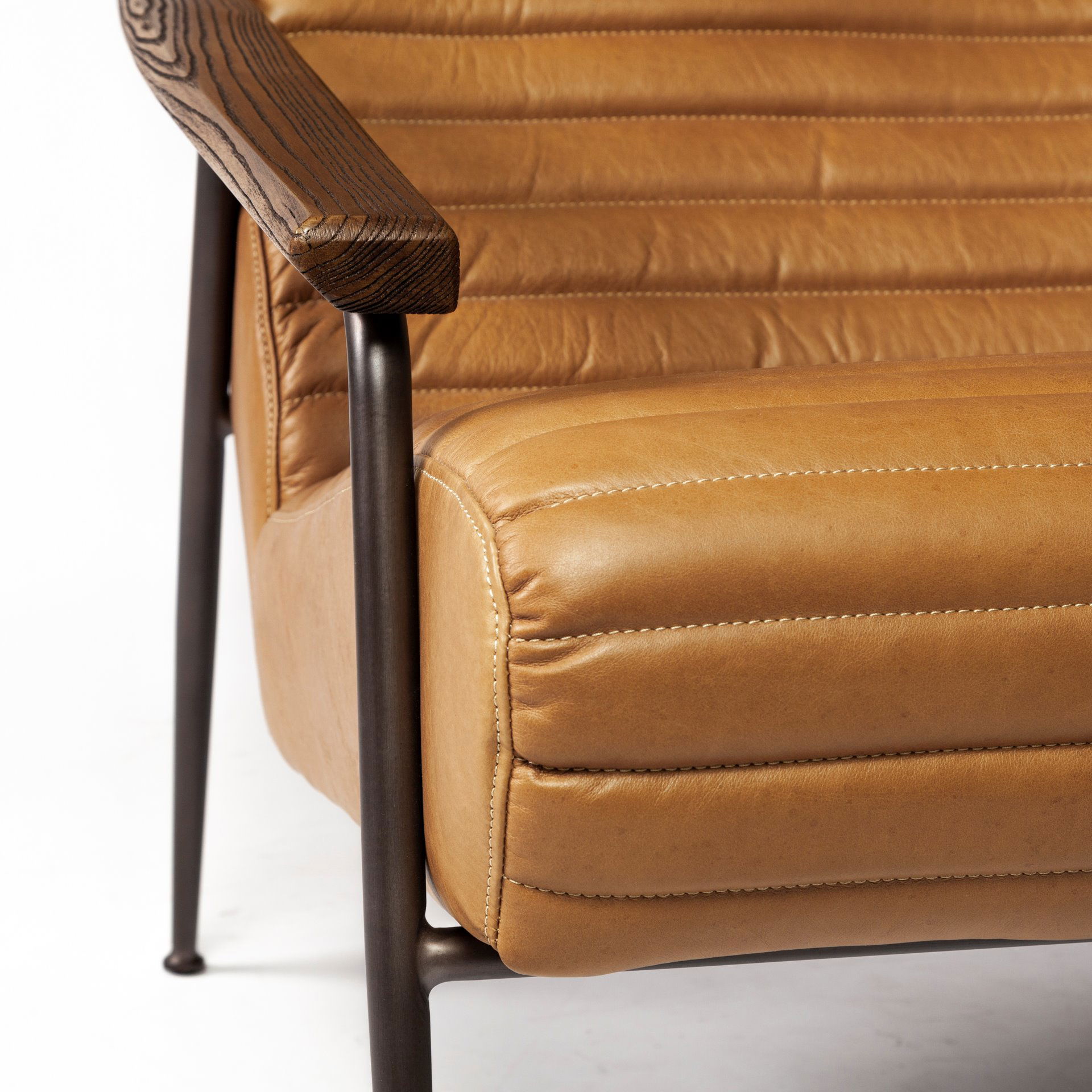 Grosjean Brown Leather Wrap Metal Frame Accent Chair, by Mercana, 27.56" length x 37.01" width x 34.65" height View 10