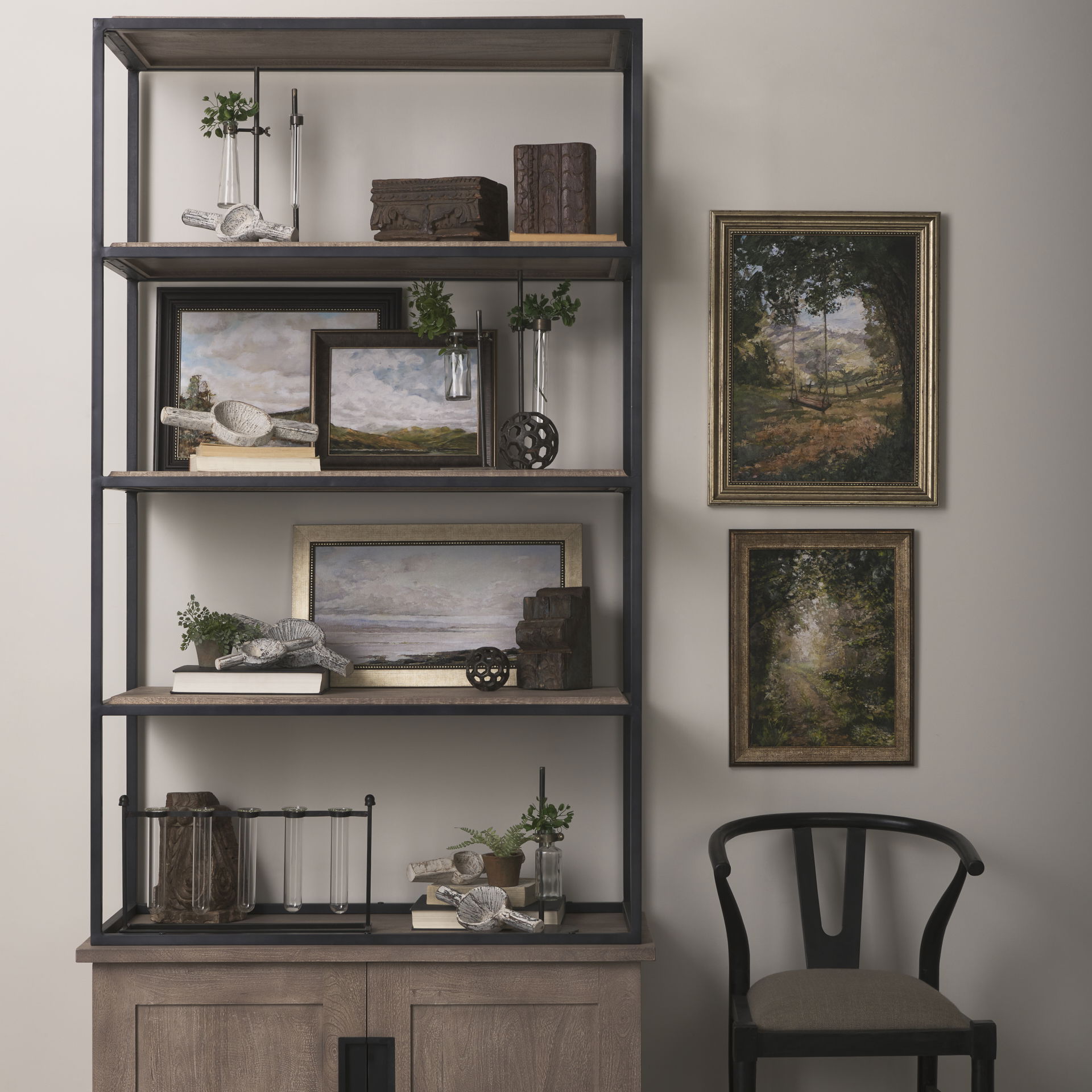 Jarvis Set of Five Dark Brown Metal and Glass Chemistry Inspired Bottles, Vase by Mercana, 5" length x 5.12" width x 12.5" height View 4