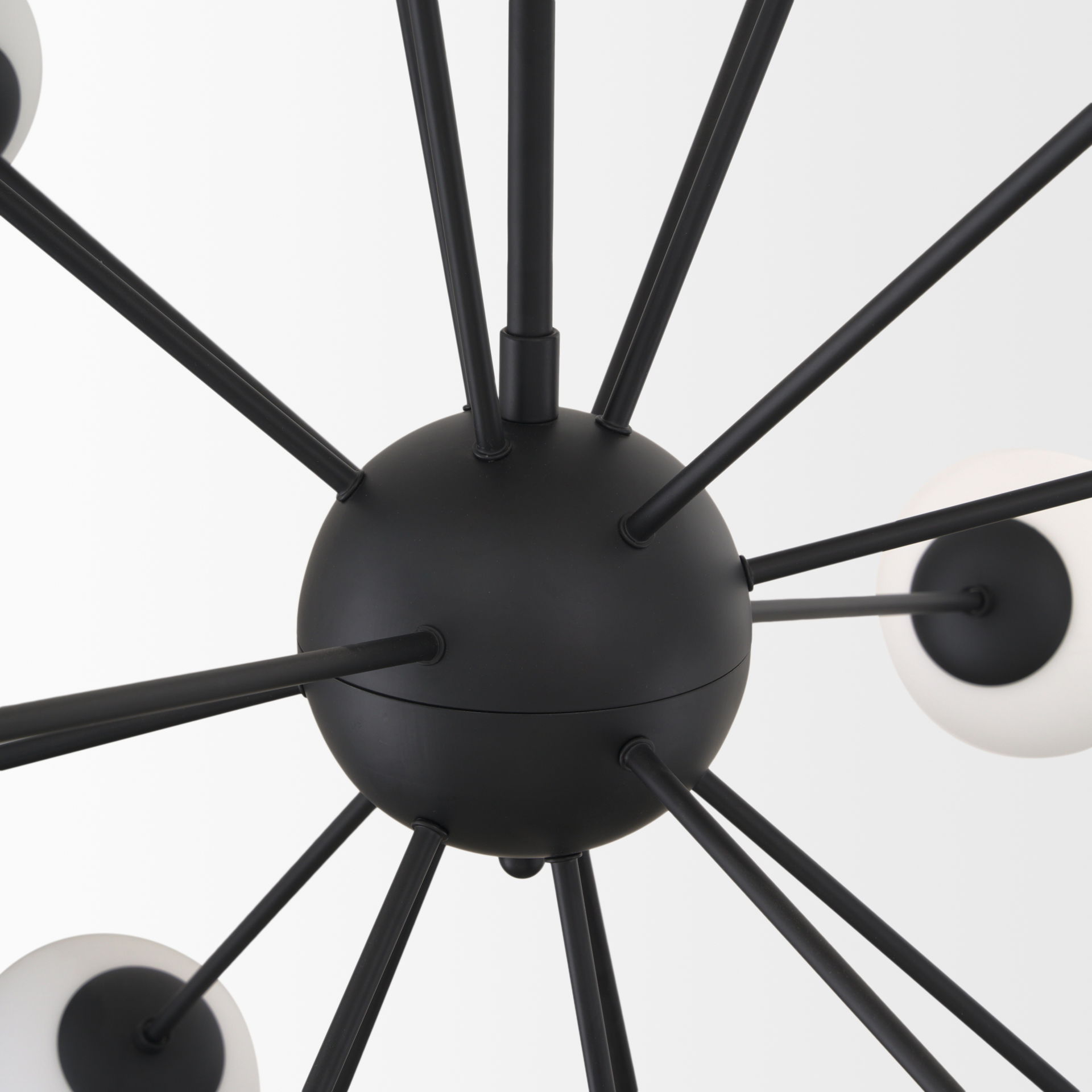 Barbara Matte Black Metal with Frosted Glass Globes 18-Light Chandelier, by Mercana, 48.82" length x 48.82" width x 48.82" height View 8
