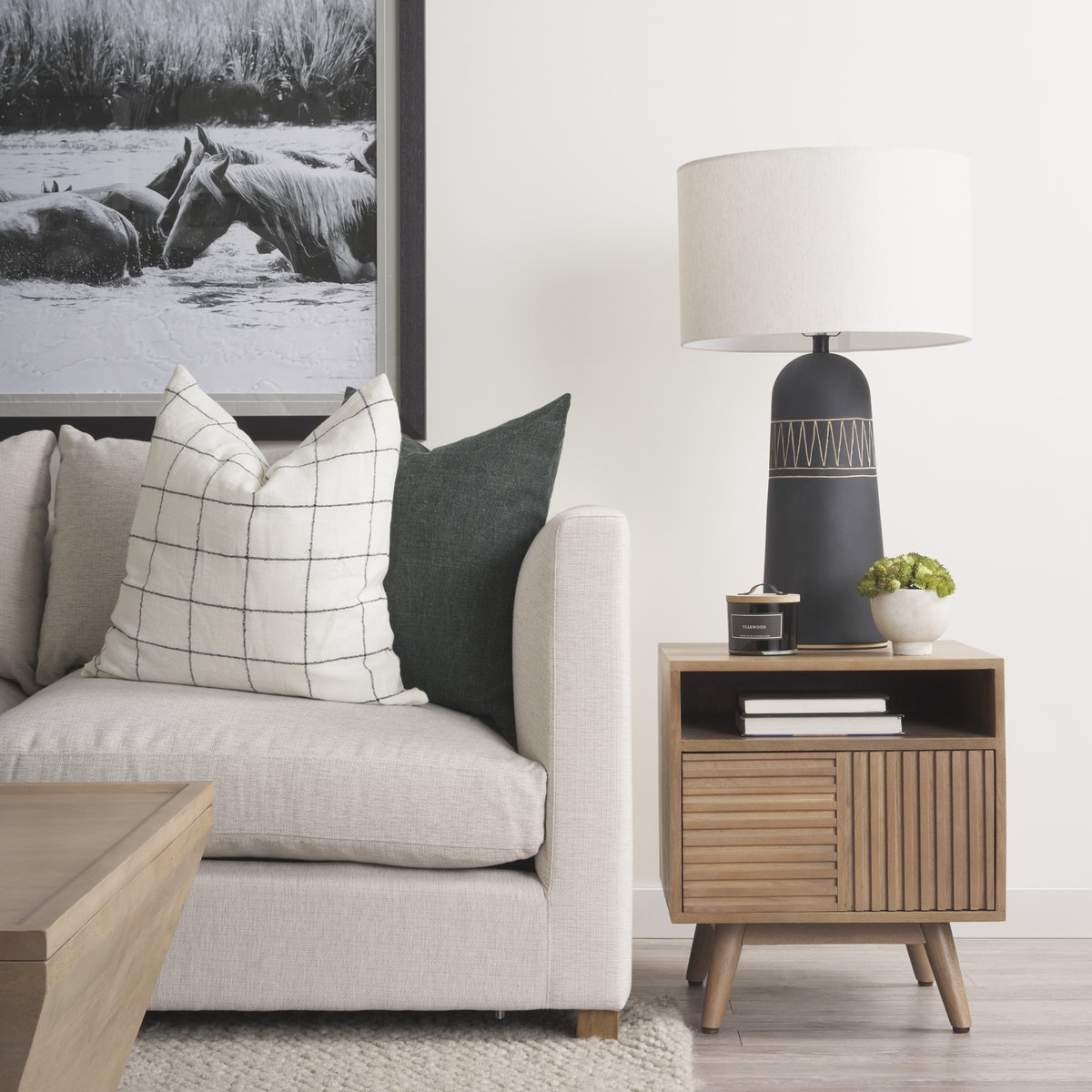Javier 18.0L x 18.0W x 30.75H Black Base with Cream Fabric Shade Table Lamp, by Mercana, 18" length x 18" width x 30" height View 5