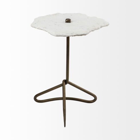 Pinera II 19L x 19W White Marble with Triangluar Gold Iron Base Accent Table