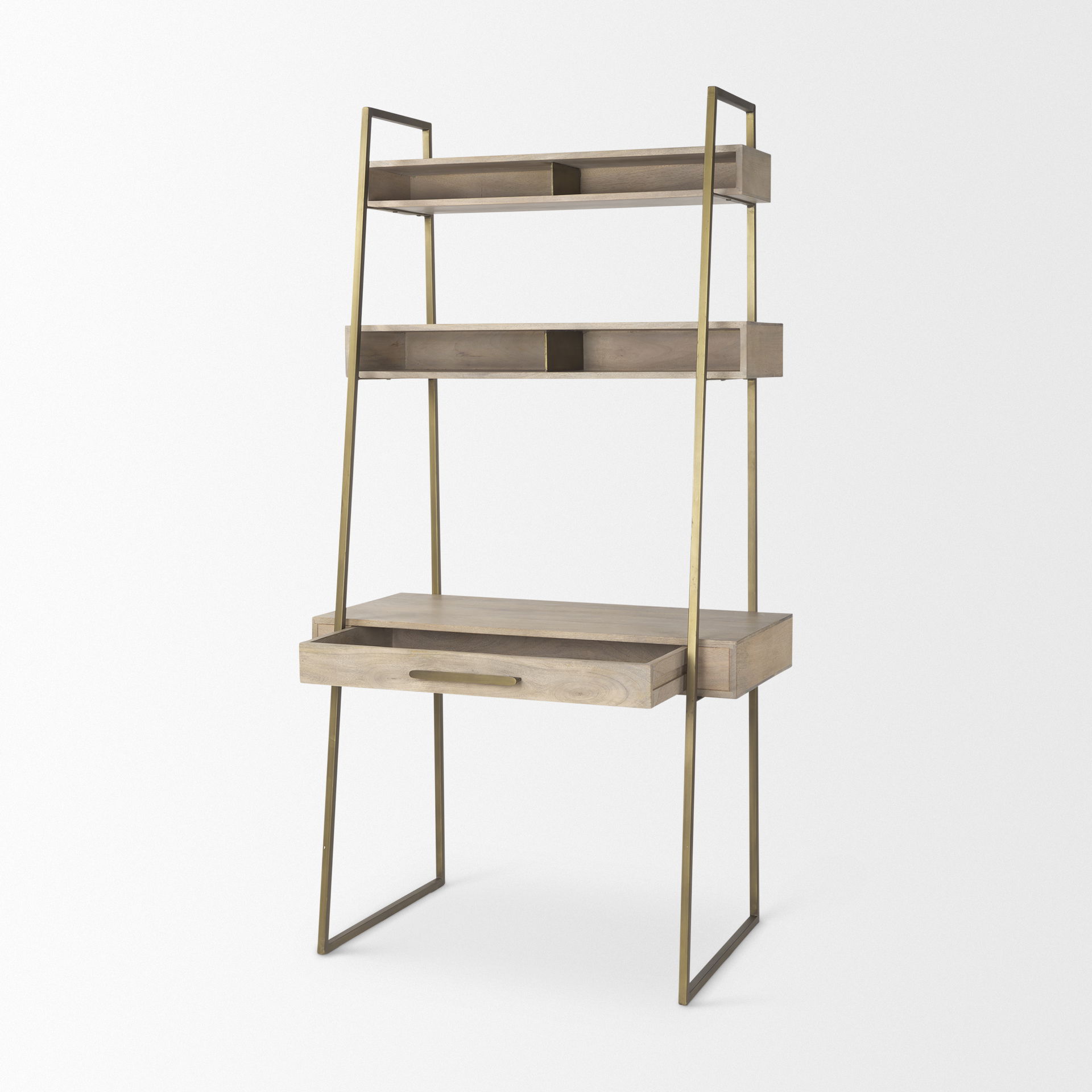 Cordell  42.0L x 25.0W x 78.0H Light Brown Wood with Gold Metal Office Desk, by Mercana, 41.5" length x 24.5" width x 78.5" height View 6