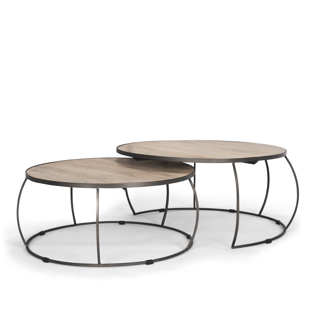 Clapp Round Light Brown with White Wash Wood and Silver Metal Nesting Coffee Tables (Set of 2), by Mercana, 44" length x 44" width x 20" height View 1