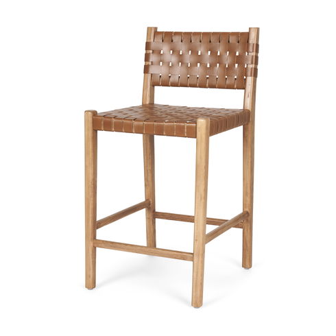 Shane Brown Wood with Woven Brown Leather Counter Stool