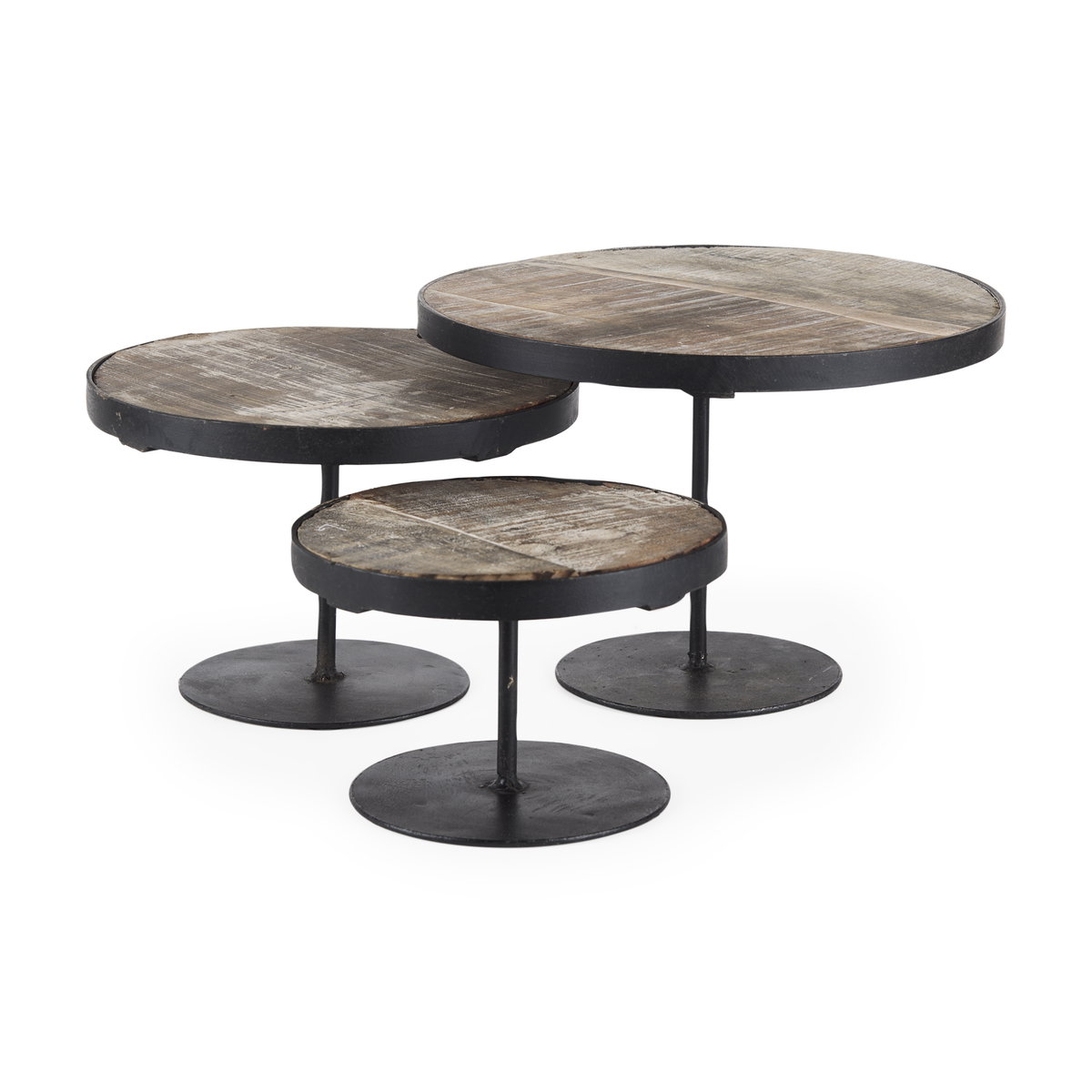 Lorenz (Set of 3) Light Brown Wood with Black Metal Base Round Decorative Display Stands, Decorative Tray by Mercana, 12" length x 12" width x 8" height View 1