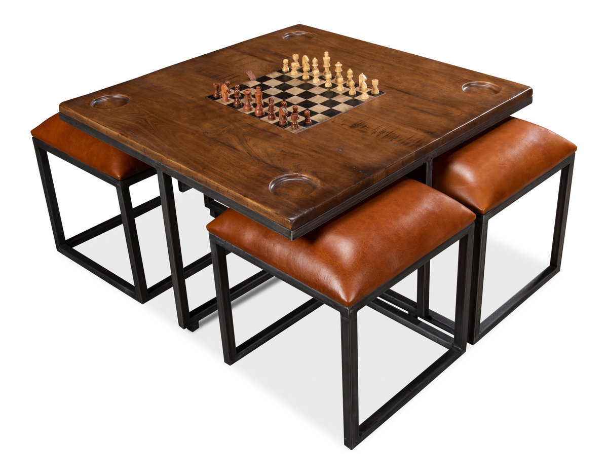 Low Game Table With Four Stools, by Sarreid, 3' length x 3' width x 1'10" height View 8