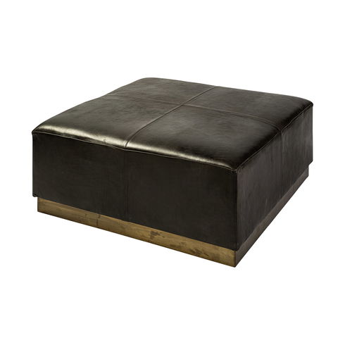 Minara 36" Square Black Leather Wrapped with Metal Base Ottoman
