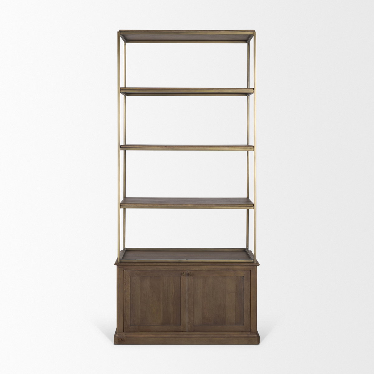 Baron Dark Brown Wood with Antiqued Aged Brass Metal 2-Door Open Shelving Unit, Shelving & Bookcase by Mercana, 41.75" length x 19" width x 90" height View 4
