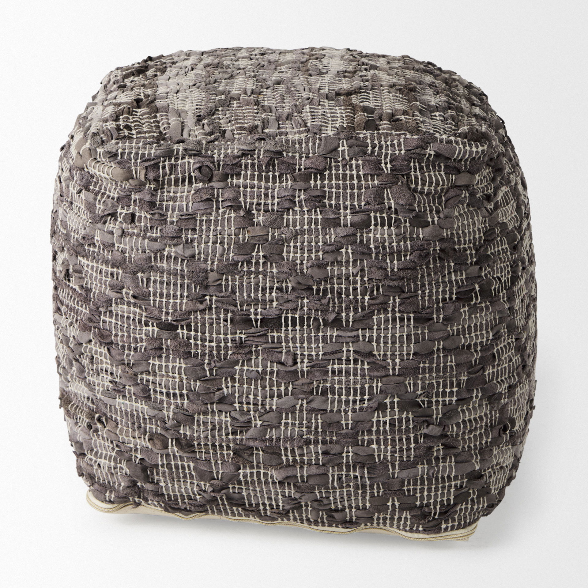 Falguni  Gray Leather and Cotton Patterned Pouf, Ottoman by Mercana, 16" length x 16" width x 16" height View 4