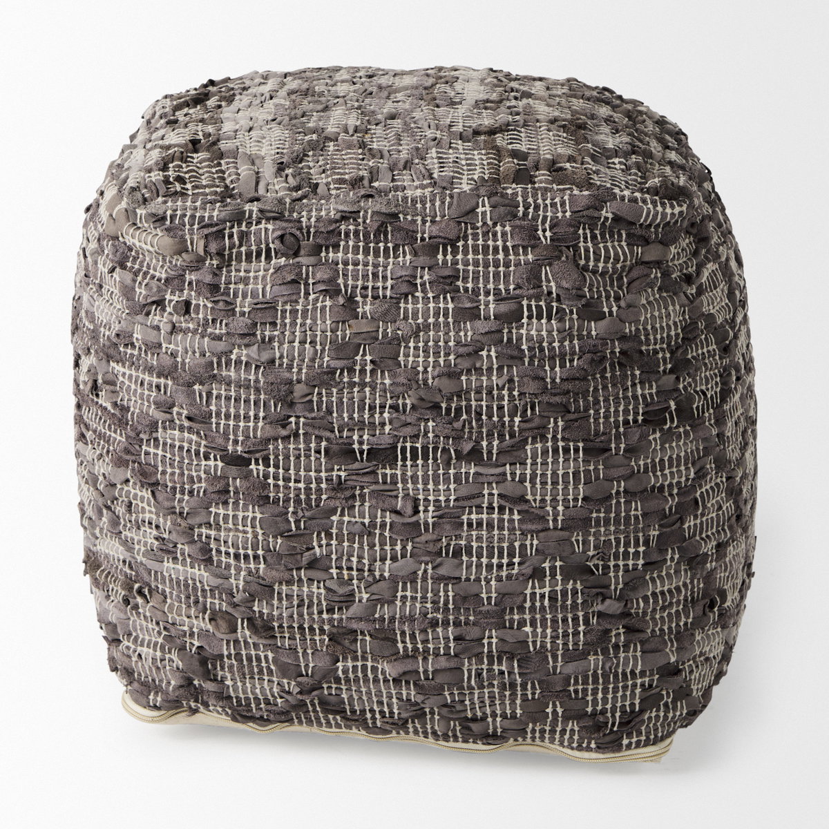 Falguni  Gray Leather and Cotton Patterned Pouf, Ottoman by Mercana, 16" length x 16" width x 16" height View 4