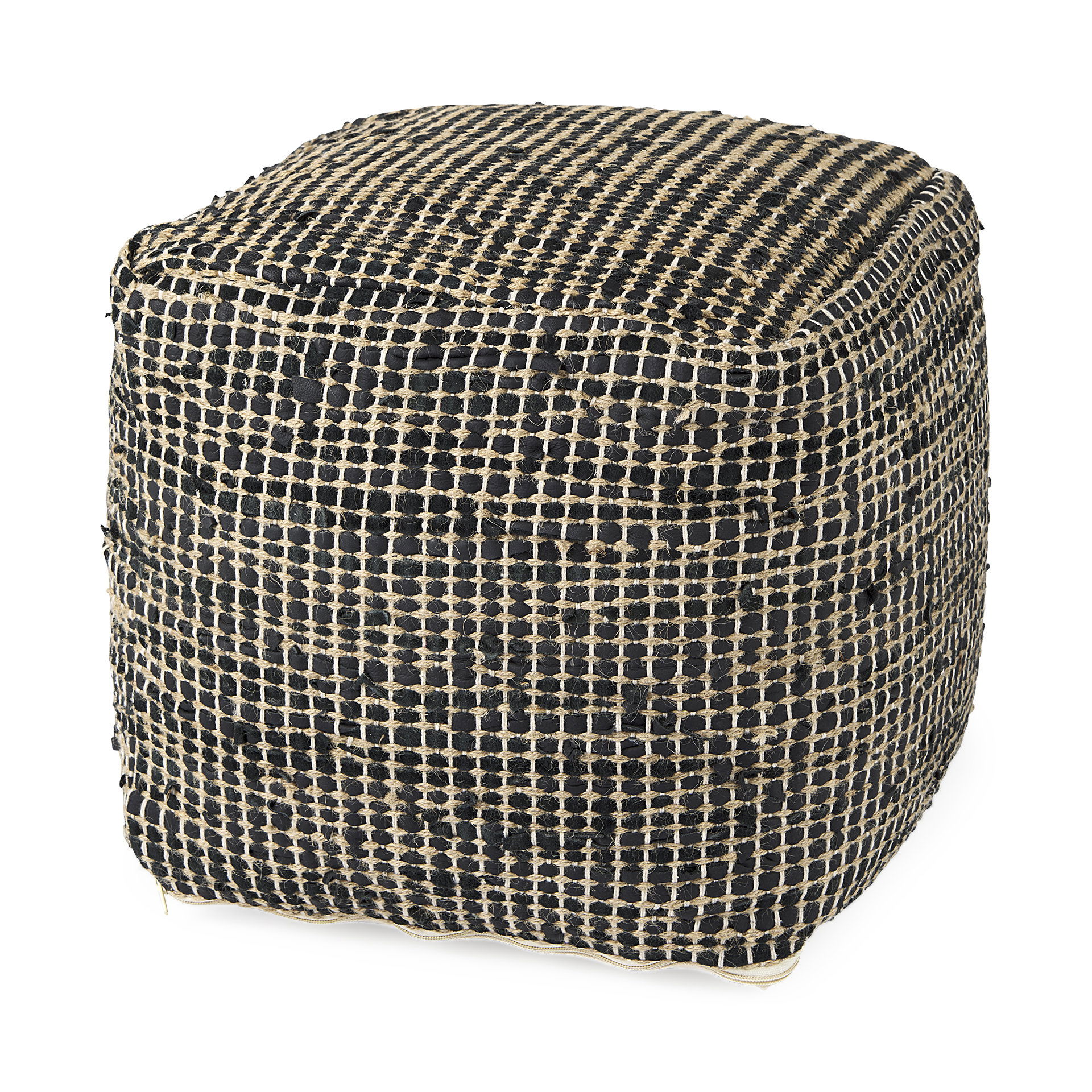 Aalia  Charcoal Leather and Jute Pouf, Ottoman by Mercana, 16" length x 16" width x 16" height View 1