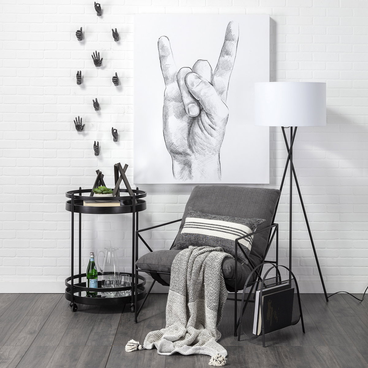 Leonidas 28.5L x 29.5W x 34.0H  Grey Fabric Wrap Black Metal Frame Accent Chair, by Mercana, 28.74" length x 29.92" width x 24.02" height View 2