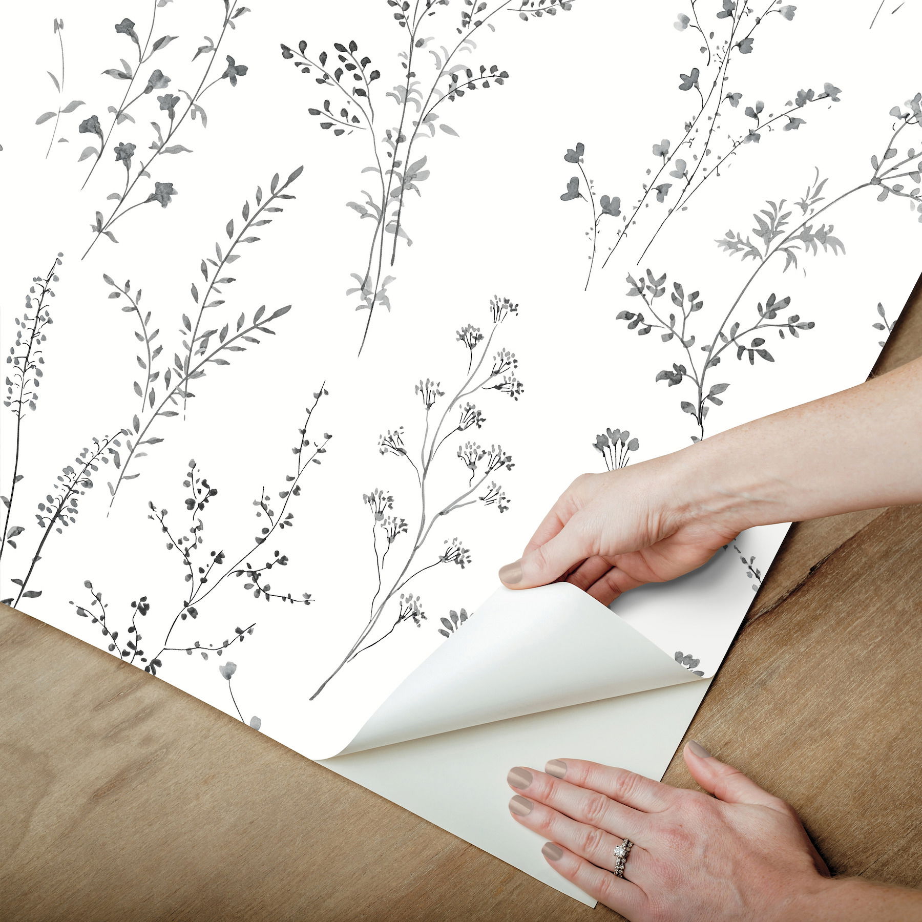 Wildflower Sprigs Black & White Peel & Stick Wallpaper large image 