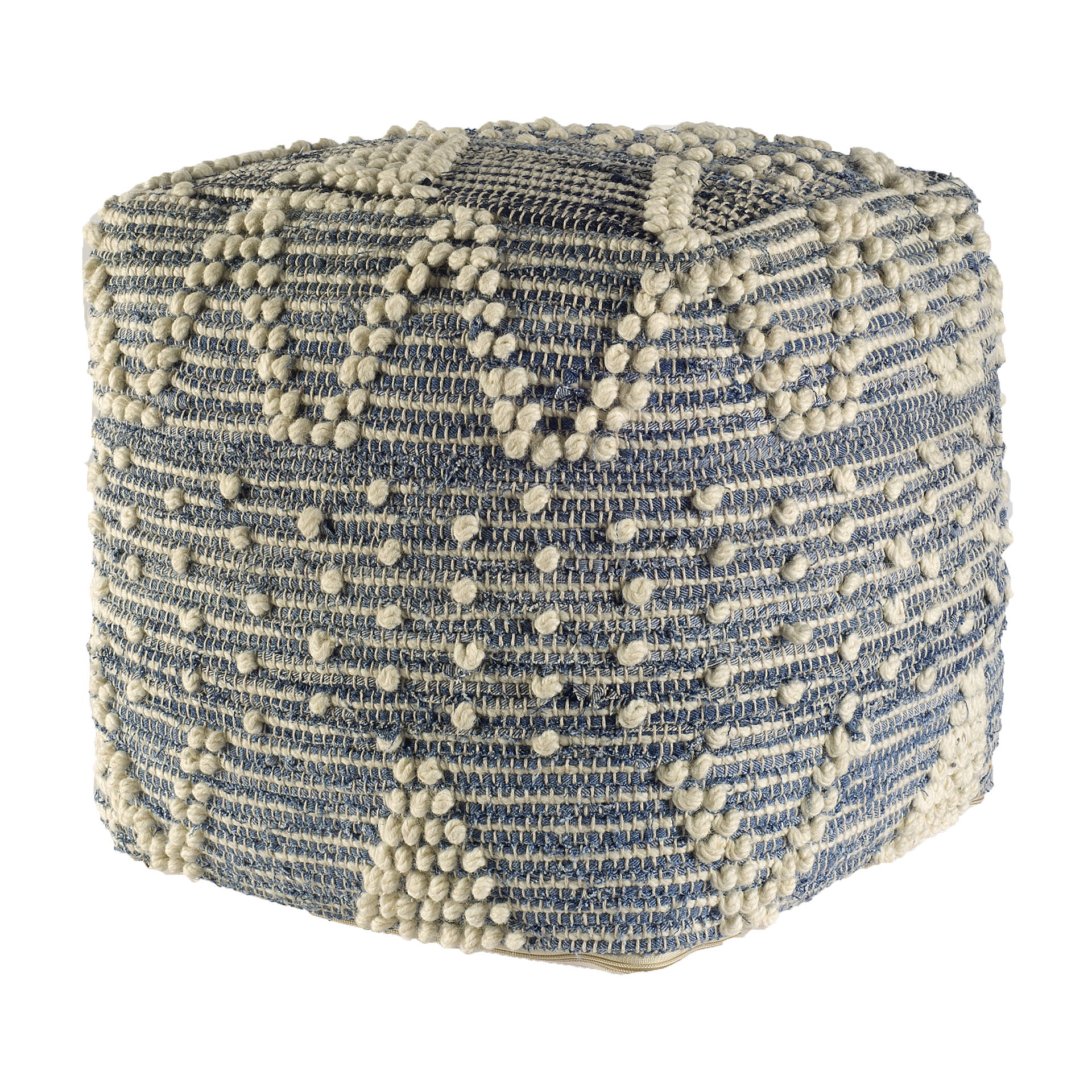 Rofi Blue Denim and Cream Cotton Stitched Square Pouf, Ottoman by Mercana, 17.72" length x 17.72" width x 17.72" height View 1