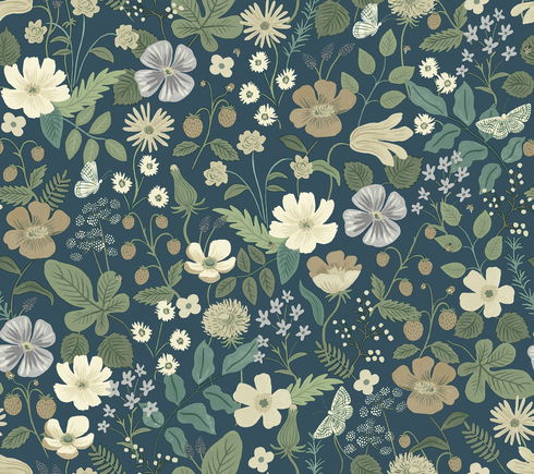 Strawberry Fields Blue & Green Wallpaper