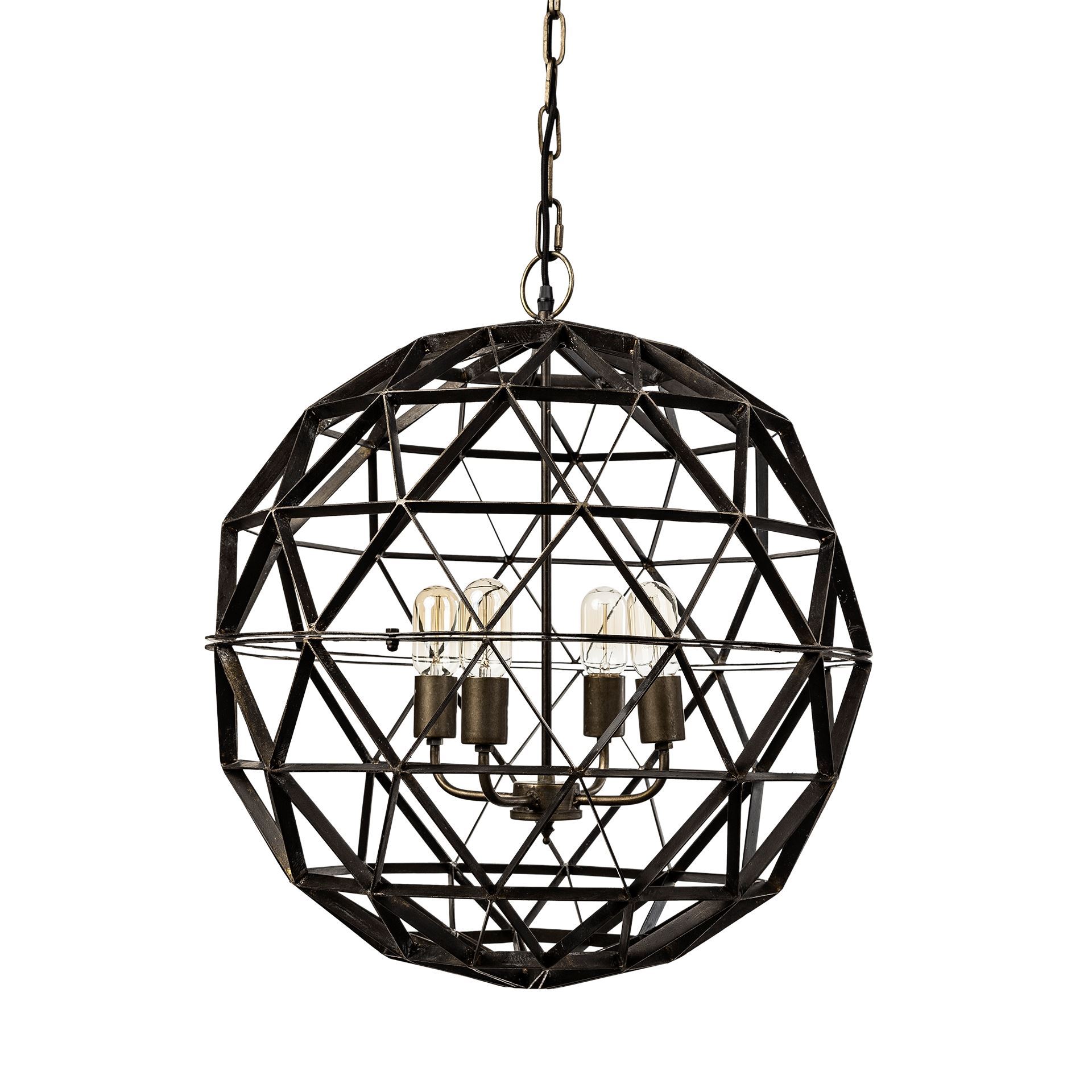 Dyson II (22.5'D) Black Metal Triangular Orb Four Bulb Chandelier, by Mercana, 22.5" length x 22.5" width x 22.5" height View 1