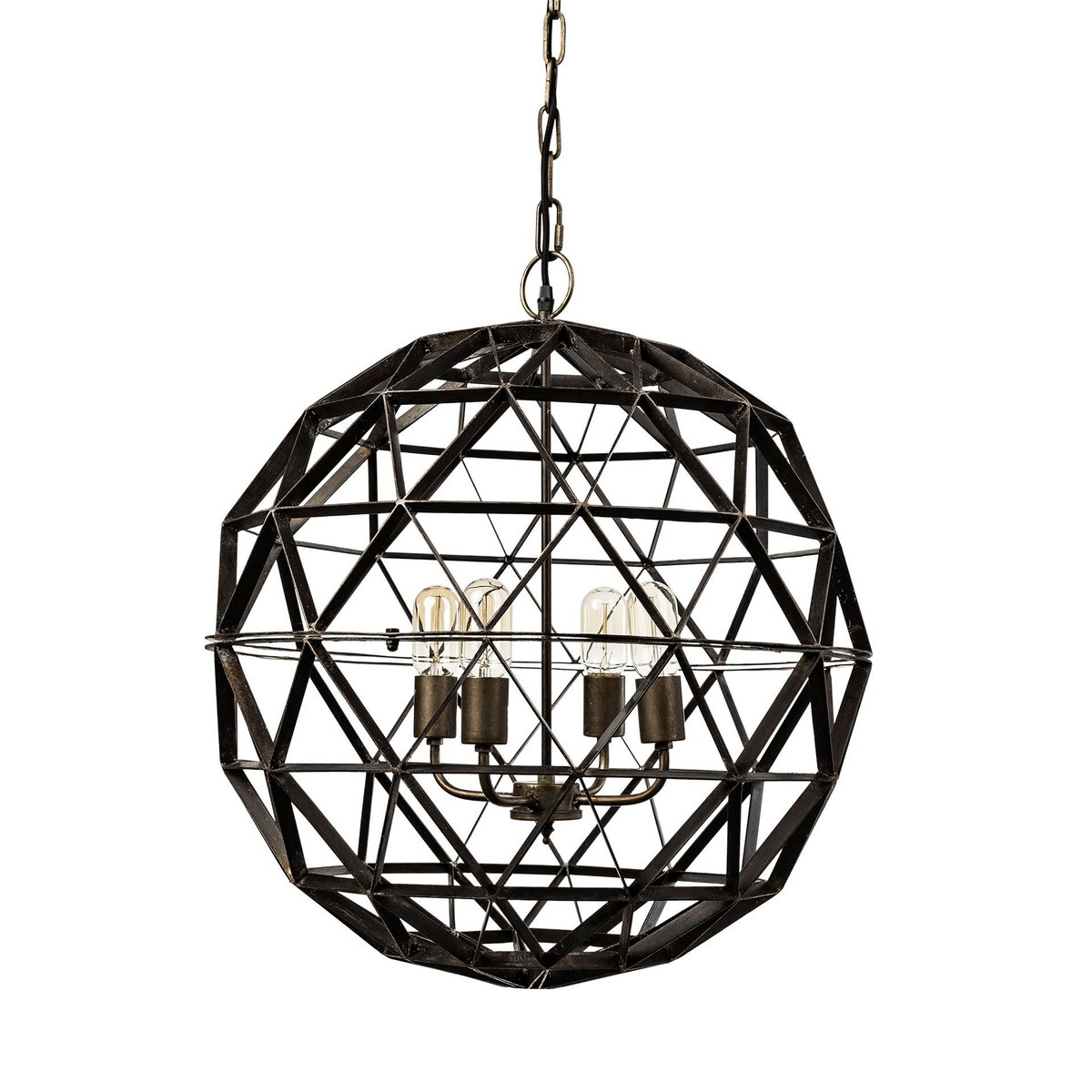 Dyson II (22.5'D) Black Metal Triangular Orb Four Bulb Chandelier, by Mercana, 22.5" length x 22.5" width x 22.5" height View 1