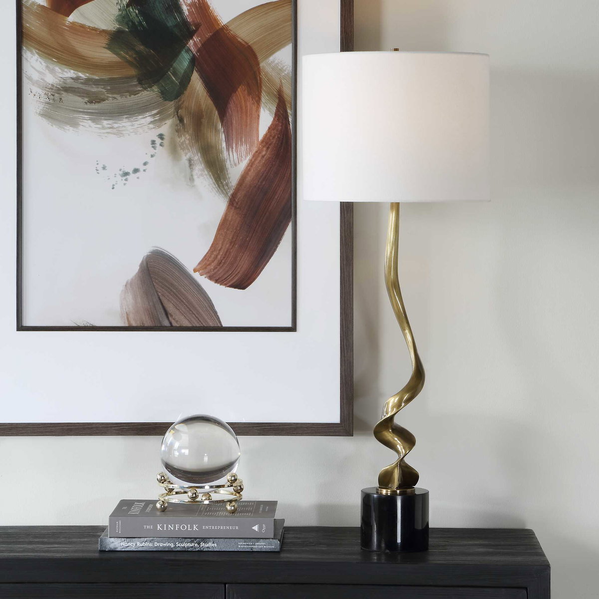 Spiraling Cordless Brass Buffet Lamp, Table Lamp by Uttermost, 13" width x 35" height x 13" depth View 2
