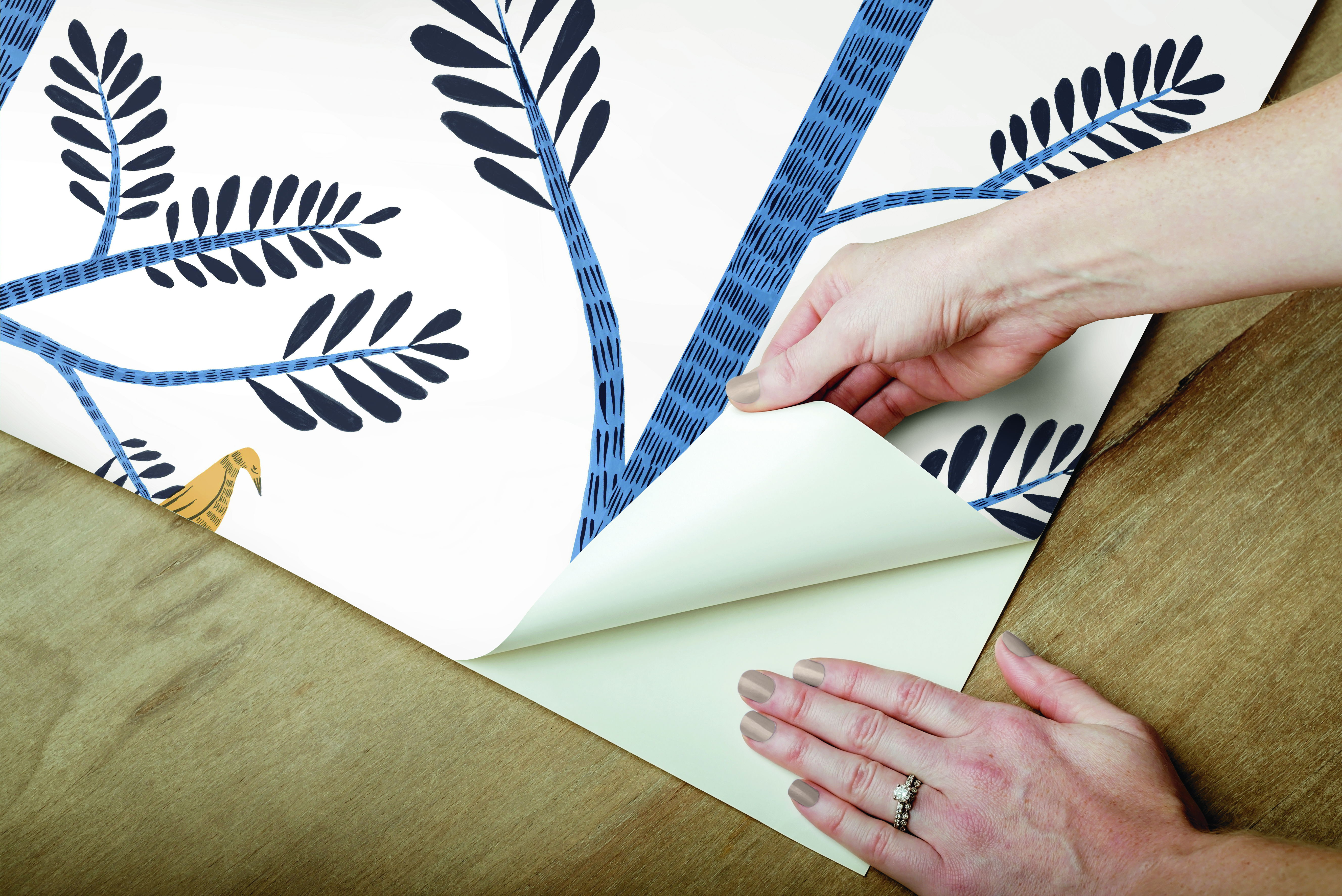 Aviary Branch Blue & Yellow Peel & Stick Wallpaper large image 