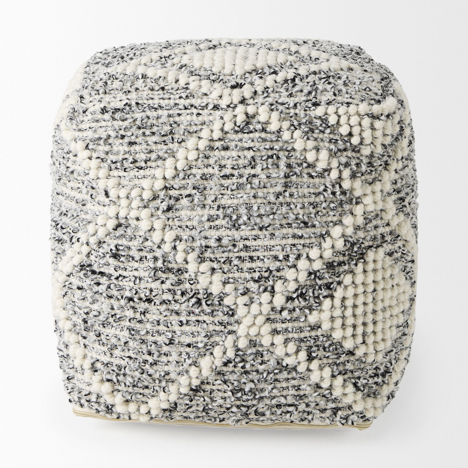 Ekiya   Black/White Yarn and Wool Patterened Pouf, Ottoman by Mercana, 16" length x 16" width x 16" height View 6