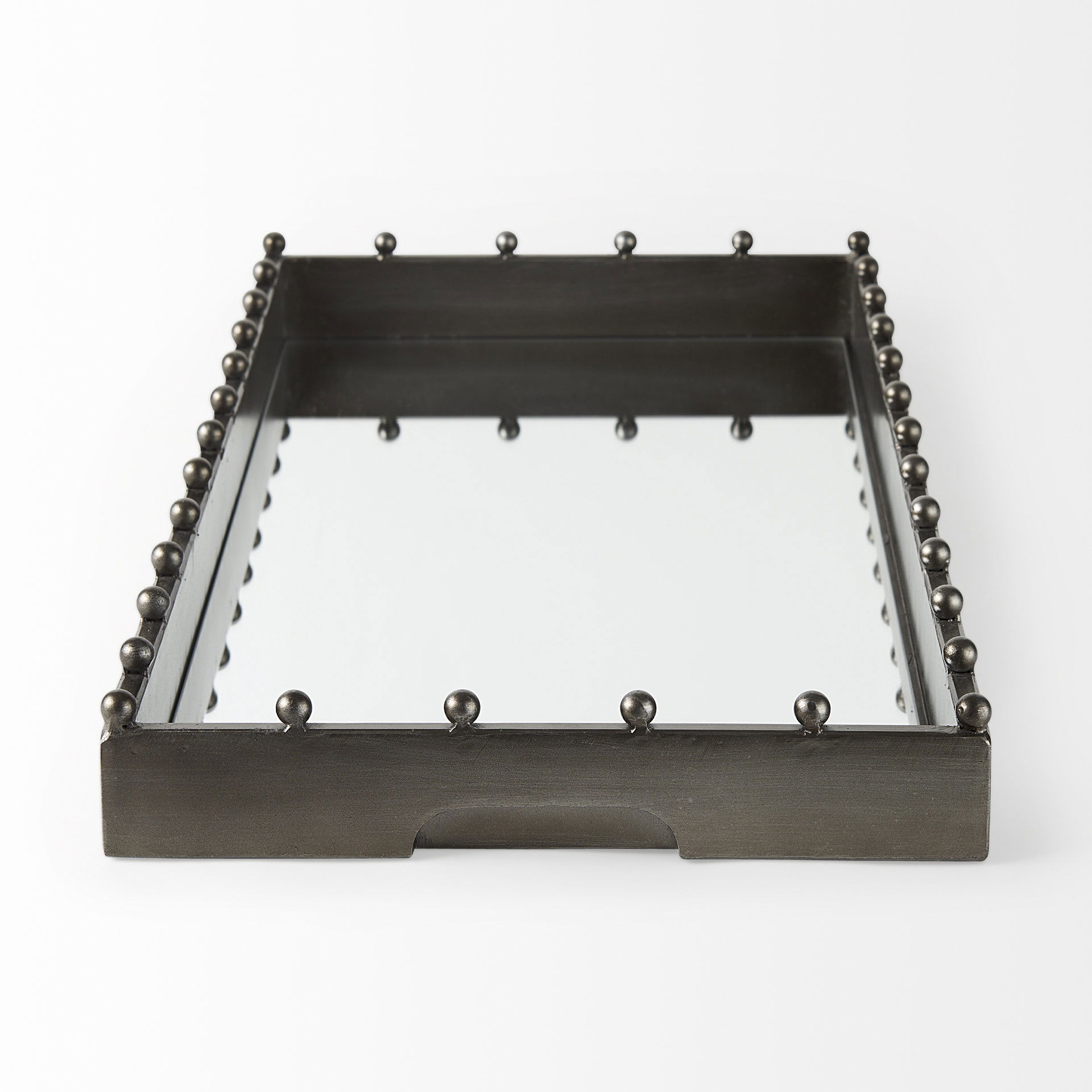 Elio  Gun Metal Gray Metal with Studs and Mirrored Bottom Rectangle Tray large image 