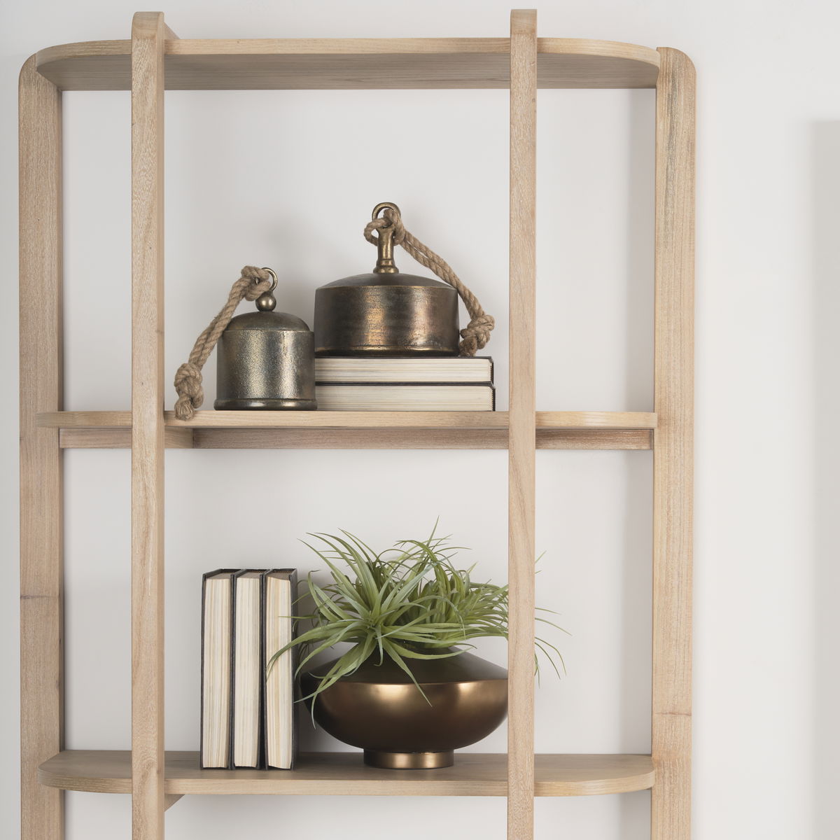 Taylin Light Brown Solid Wood Open Bookshelf, Shelving & Bookcase by Mercana, 33" length x 14" width x 83" height View 3