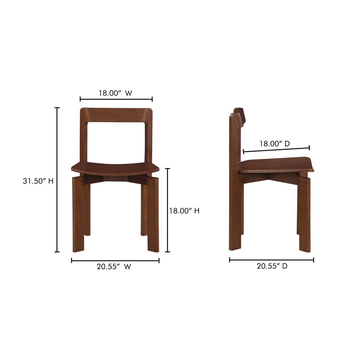 Daifuku Dining Chair Brown – Set Of Two, by Moe's Home, 22" width x 31.5" height x 20.55" depth View 12
