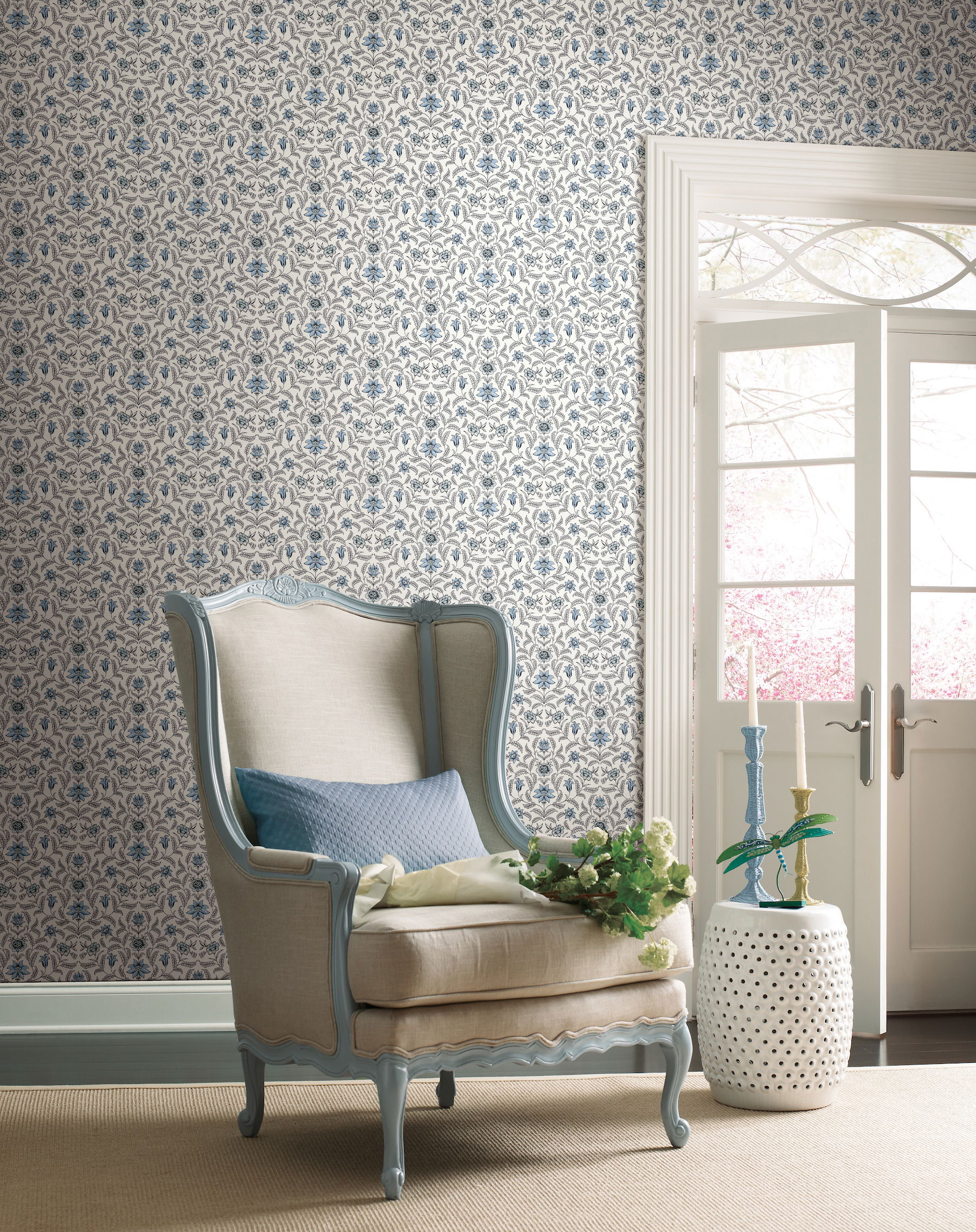 Vintage Blooms Blue Wallpaper large image 