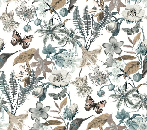 Butterfly House White & Blue Wallpaper