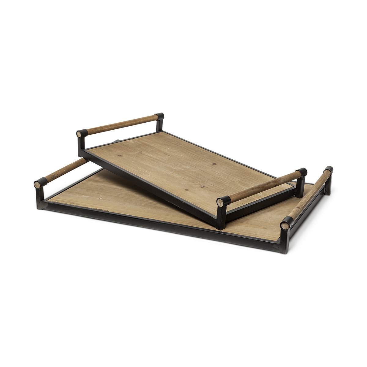 Benson Set of 2 Brown Wood Black Metal Trays, Decorative Tray by Mercana, 26" length x 15.75" width x 3.15" height View 1