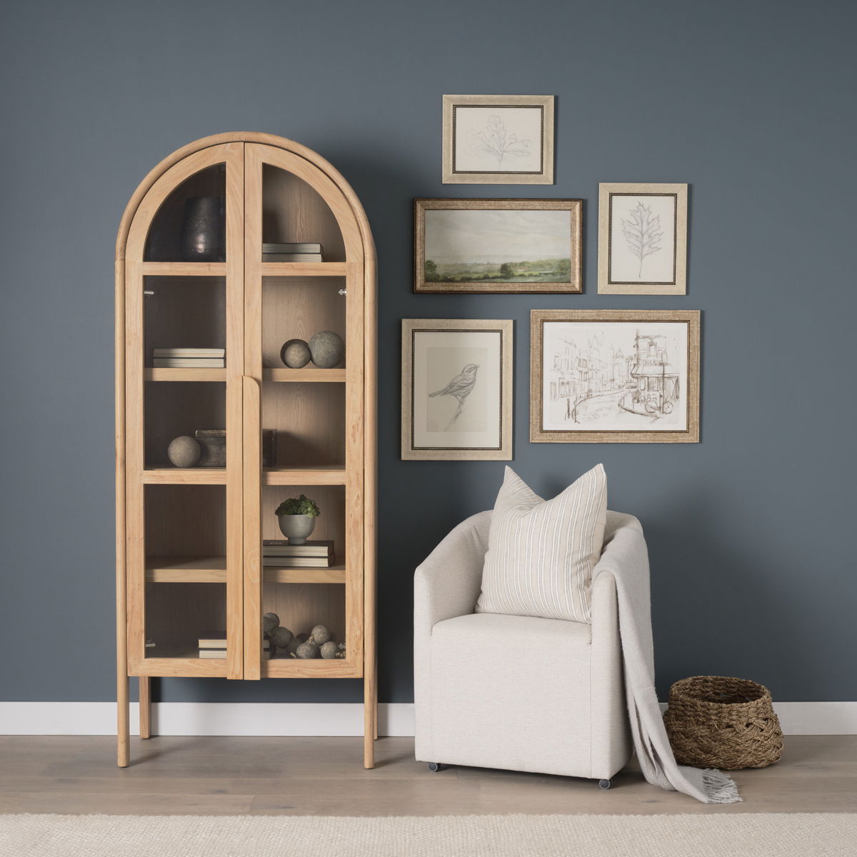 Callum Light Brown Elm Wood with Glass Doors  Arched Curio Cabinet, Cabinets & Sideboard by Mercana, 31" length x 17.7" width x 79" height View 2