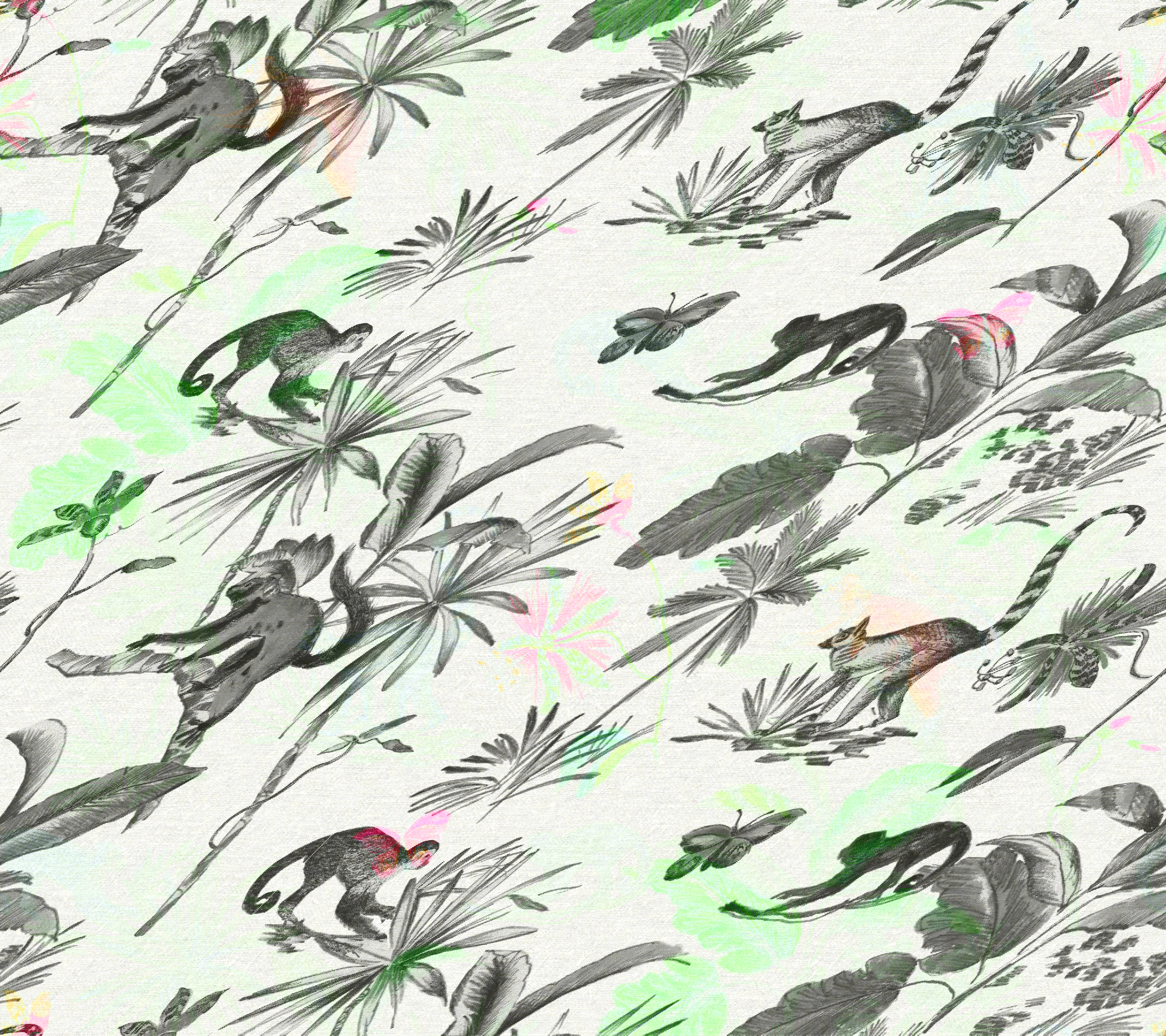 Botanicals & Lemurs White & Green Peel & Stick Wallpaper large image 