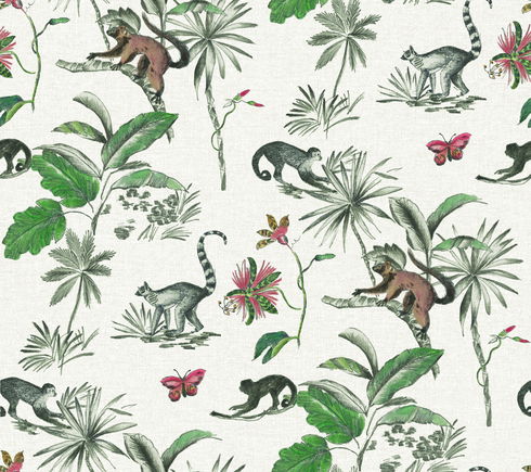 Botanicals & Lemurs White & Green Peel & Stick Wallpaper