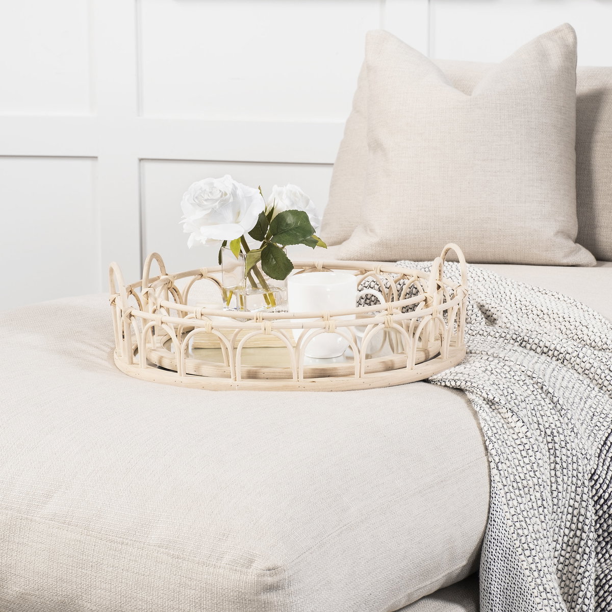 Leona (Set of 2) Natural Wicker Woven Mirrored Base Nesting Trays, Decorative Tray by Mercana, 19.29" length x 18.9" width x 5.71" height View 5