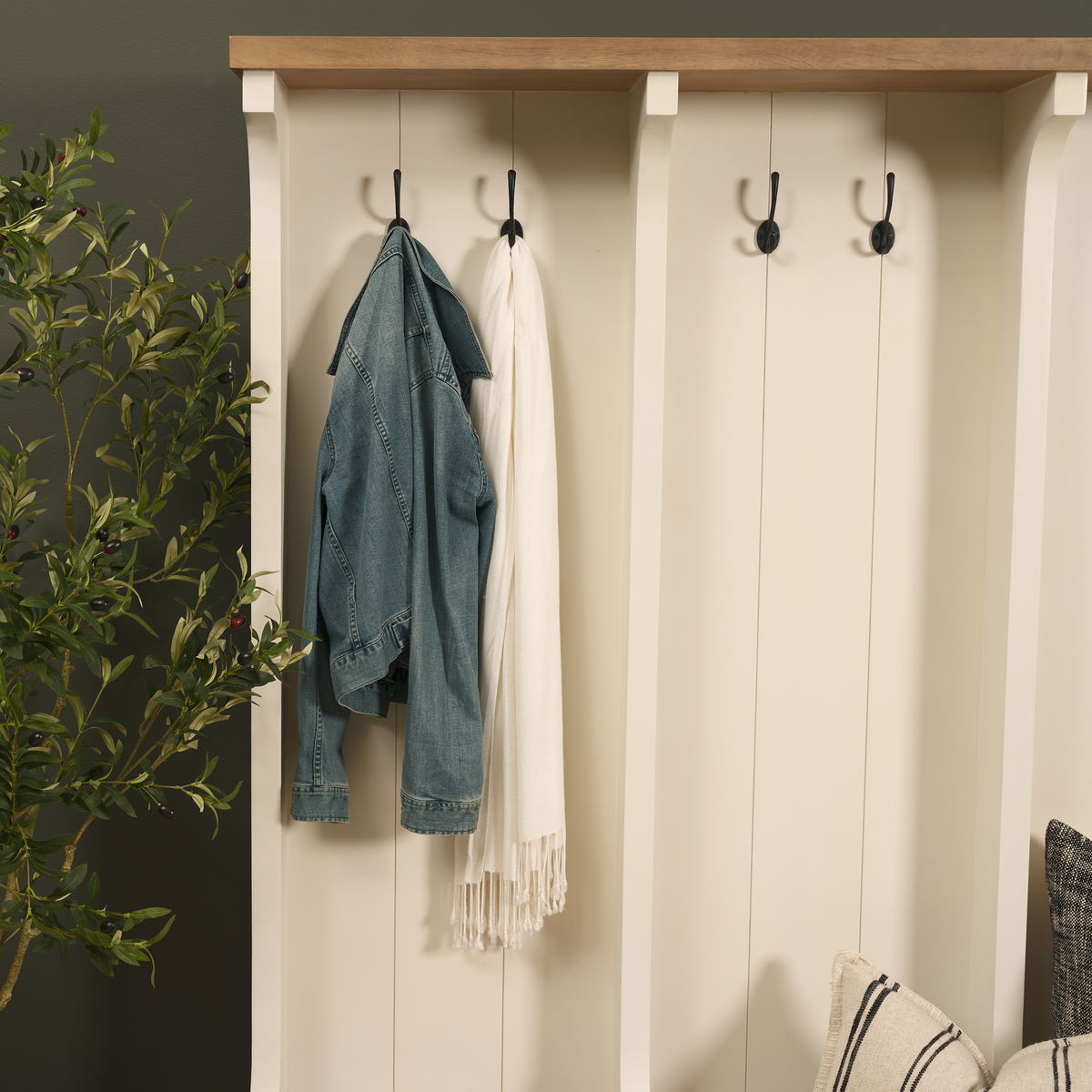 Fairview IV 61L x 17W White And Brown Wood With Storage Hall Tree, Entry & Hallway by Mercana, 61" length x 18" width x 76" height View 4