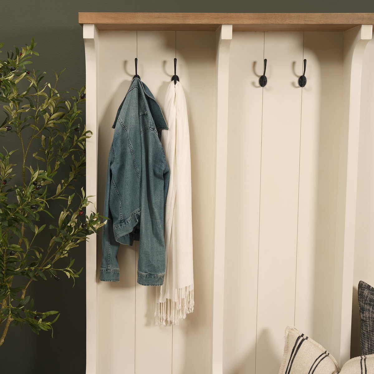 Fairview IV 61L x 17W White And Brown Wood With Storage Hall Tree, Entry & Hallway by Mercana, 61" length x 18" width x 76" height View 4