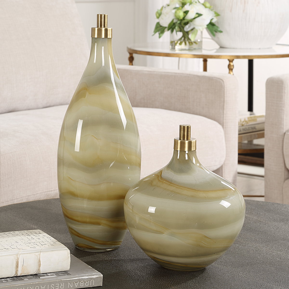 Cascade Glass Bottles Set/2, Vase by Uttermost, 6.25" width x 21.25" height x 6.25" depth View 2
